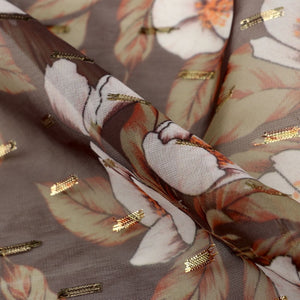 White And Coffee Brown Floral Pattern Digital Print Chiffon With Golden Zari Dobby Fabric