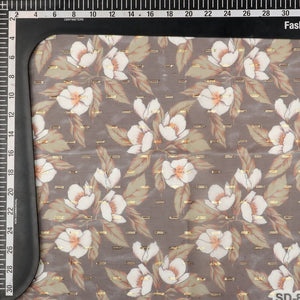 White And Coffee Brown Floral Pattern Digital Print Chiffon With Golden Zari Dobby Fabric