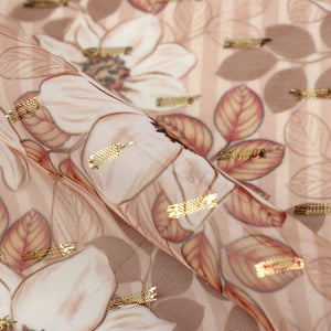 Beige And Brown Floral Pattern Digital Print Chiffon With Golden Zari Dobby Fabric