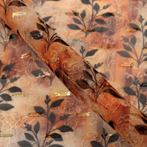 Black And Coffee Brown Floral Pattern Digital Print Chiffon With Golden Zari Dobby Fabric