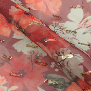 Peach And White Floral Pattern Digital Print Chiffon With Golden Zari Dobby Fabric