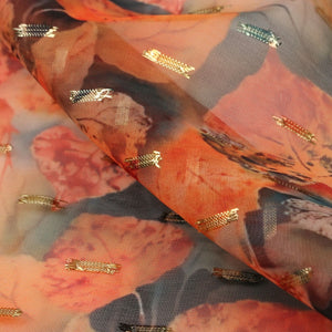 Orange And Beige Leaf Pattern Digital Print Chiffon With Golden Zari Dobby Fabric