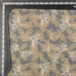 Olive Green And Off White Leaf Pattern Digital Print Chiffon With Golden Zari Dobby Fabric