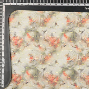 Olive Green And Orange Floral Pattern Digital Print Chiffon With Golden Zari Dobby Fabric