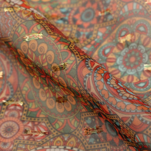 Multi Color Traditional Pattern Digital Print Chiffon With Golden Zari Dobby Fabric