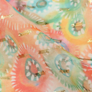 Peach And Green Abstract Pattern Digital Print Chiffon With Golden Zari Dobby Fabric