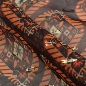 Dusty Orange And Black Geometric Pattern Digital Print Chiffon With Golden Zari Dobby Fabric