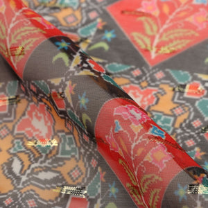 Red And Black Floral Pattern Digital Print Chiffon With Golden Zari Dobby Fabric