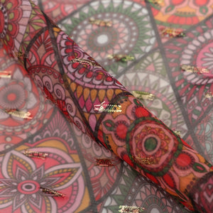 Multi Color Ethnic Pattern Digital Print Chiffon With Golden Zari Dobby Fabric