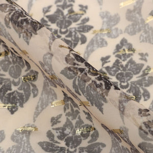 Beige And Black Trellis Pattern Digital Print Chiffon With Golden Zari Dobby Fabric