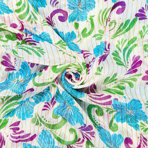 Blue And Green Floral Pattern Screen Print Chiffon Fabric (Bulk)