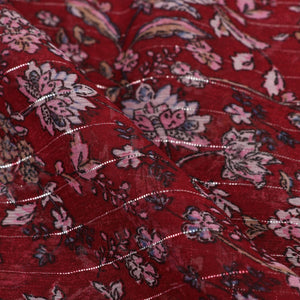 Maroon And Pink Floral Pattern Screen Print Chiffon Lurex Fabric
