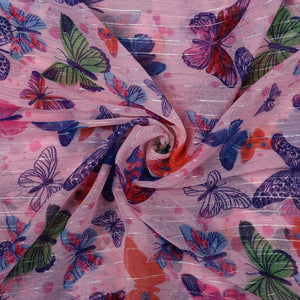 Colorful Butterfly Pattern Digital Print Silver Lurex Chiffon Fabric (Bulk)
