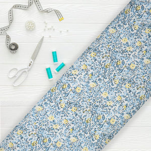 White And Sky Blue Floral Pattern Screen Print Cotton Fabric (Bulk)