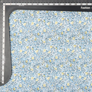 White And Sky Blue Floral Pattern Screen Print Cotton Fabric (Bulk)