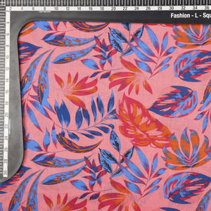 Salmon Red And Blue Floral Pattern Screen Print Cotton Fabric