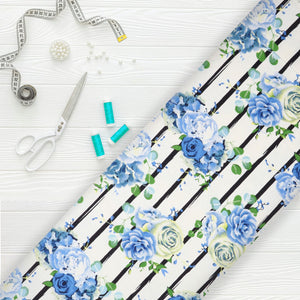 White And Blue Floral Pattern Screen Print Cotton Fabric (Bulk)