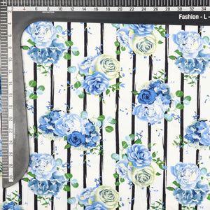 White And Blue Floral Pattern Screen Print Cotton Fabric