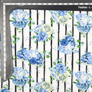 White And Blue Floral Pattern Screen Print Cotton Fabric (Bulk)