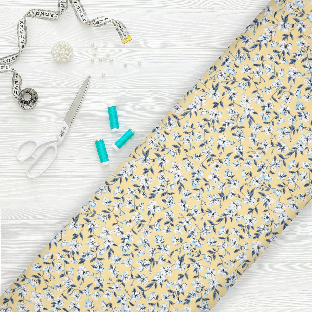 Dusty Yellow And White Floral Pattern Screen Print Cotton Fabric (Bulk ...