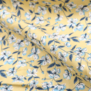 Dusty Yellow And White Floral Pattern Screen Print Cotton Fabric