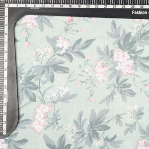Mint Green And Pink Floral Pattern Screen Print Cotton Fabric