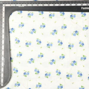 White And Blue Floral Pattern Screen Print Cotton Fabric