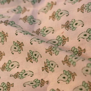 White And Pista Green Motif Pattern Bagru Screen Print Cotton Fabric