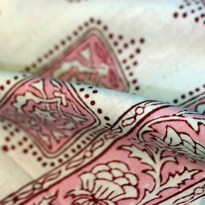 White And Pink Block Print Cotton Fabric