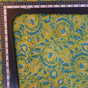 Blue and Yellow Floral Screen Print Jaal Cambric Cotton Fabric