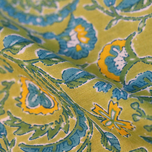 Blue and Yellow Floral Screen Print Jaal Cambric Cotton Fabric