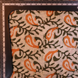 Cream And Green Orange Paisely Jaal Wax Batic Print Cotton Fabric