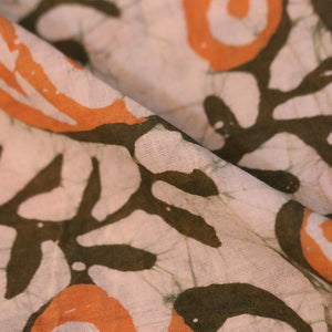 Cream And Green Orange Paisely Jaal Wax Batic Print Cotton Fabric