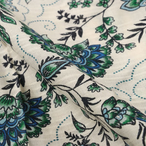 Green And Blue Floral Pattern Screen Print Cotton Silk Fabric