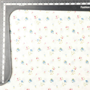 White And Blue Floral Pattern Screen Print Cotton Fabric