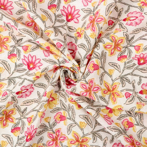 Pink And Yellow Floral Pattern Screen Print Cotton Fabric