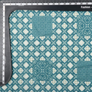 Turquoise And Cream Geometric Pattern Digital Print Georgette Fabric