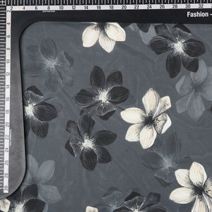 Dark Grey And White Floral Pattern Digital Print Georgette Fabric