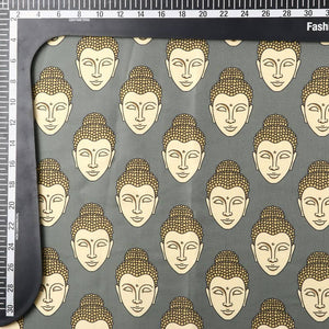 Grey And Light Yellow Buddha Pattern Digital Print Japan Satin Fabric