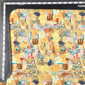 Golden Yellow And Blue Abstract Pattern Digital Print Japan Satin Fabric