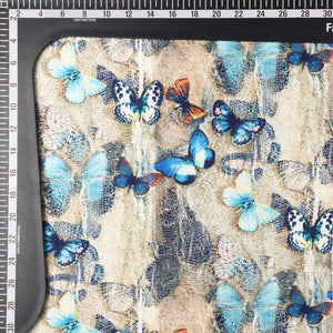 Cream And Blue Butterfly Pattern Digital Print Crepe Fabric