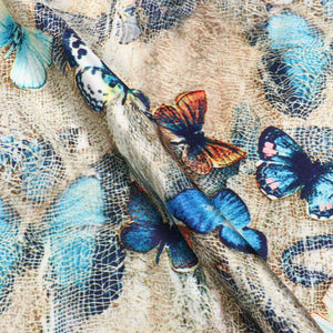 Cream And Blue Butterfly Pattern Digital Print Crepe Fabric