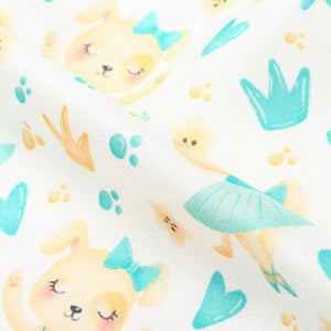 Turquoise And Yellow Kids Pattern Digital Print Japan Satin Fabric