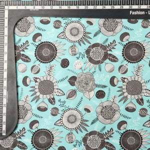 Tiffany Blue And Black Floral Pattern Digital Print Japan Satin Fabric