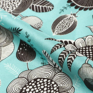 Tiffany Blue And Black Floral Pattern Digital Print Japan Satin Fabric