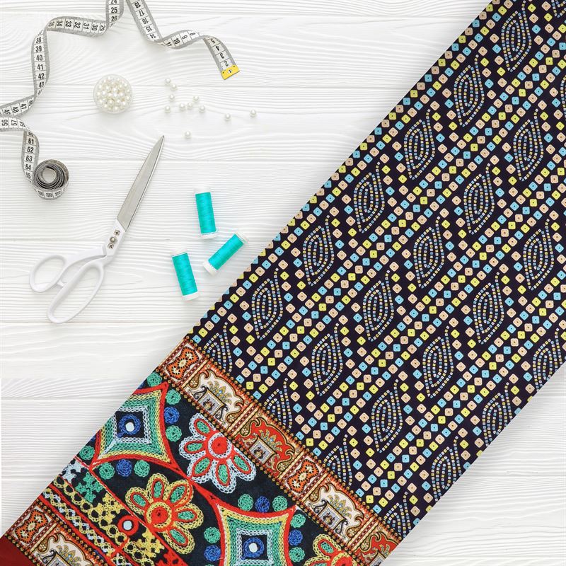 Multi Color Gamthi Pattern Digital Print Japan Satin Fabric – Fabmyntra