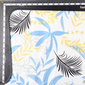 Sky Blue And Yellow Leaf Pattern Digital Print Japan Satin Fabric