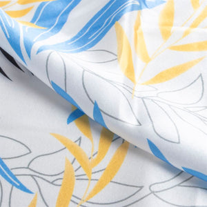 Sky Blue And Yellow Leaf Pattern Digital Print Japan Satin Fabric