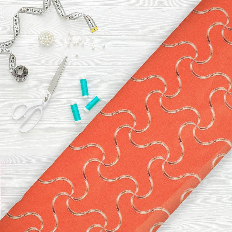 Red And Gold Squiggles Pattern Digital Print Japan Satin Fabric – Fabmyntra