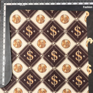 Light Beige And Brown Dollar Pattern Digital Print Japan Satin Fabric